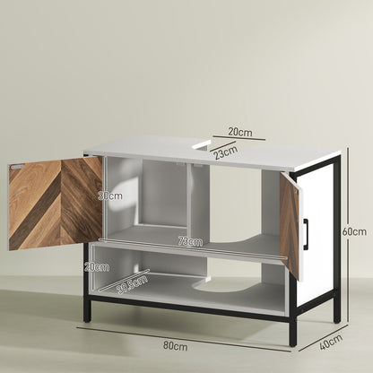 This bathroom cabinet has herringbone doors and an open shelf, with dimensions shown