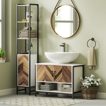 The rustic under sink cabinet is shown in a bathroom setting with a basin and towels