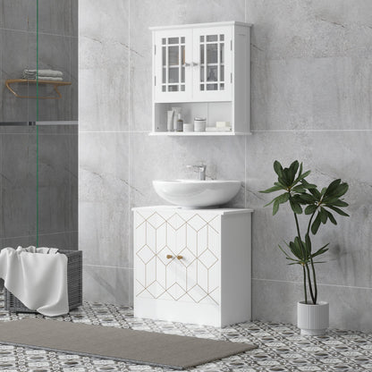 The bathroom cabinet placed under a white basin in a modern tiled bathroom setting