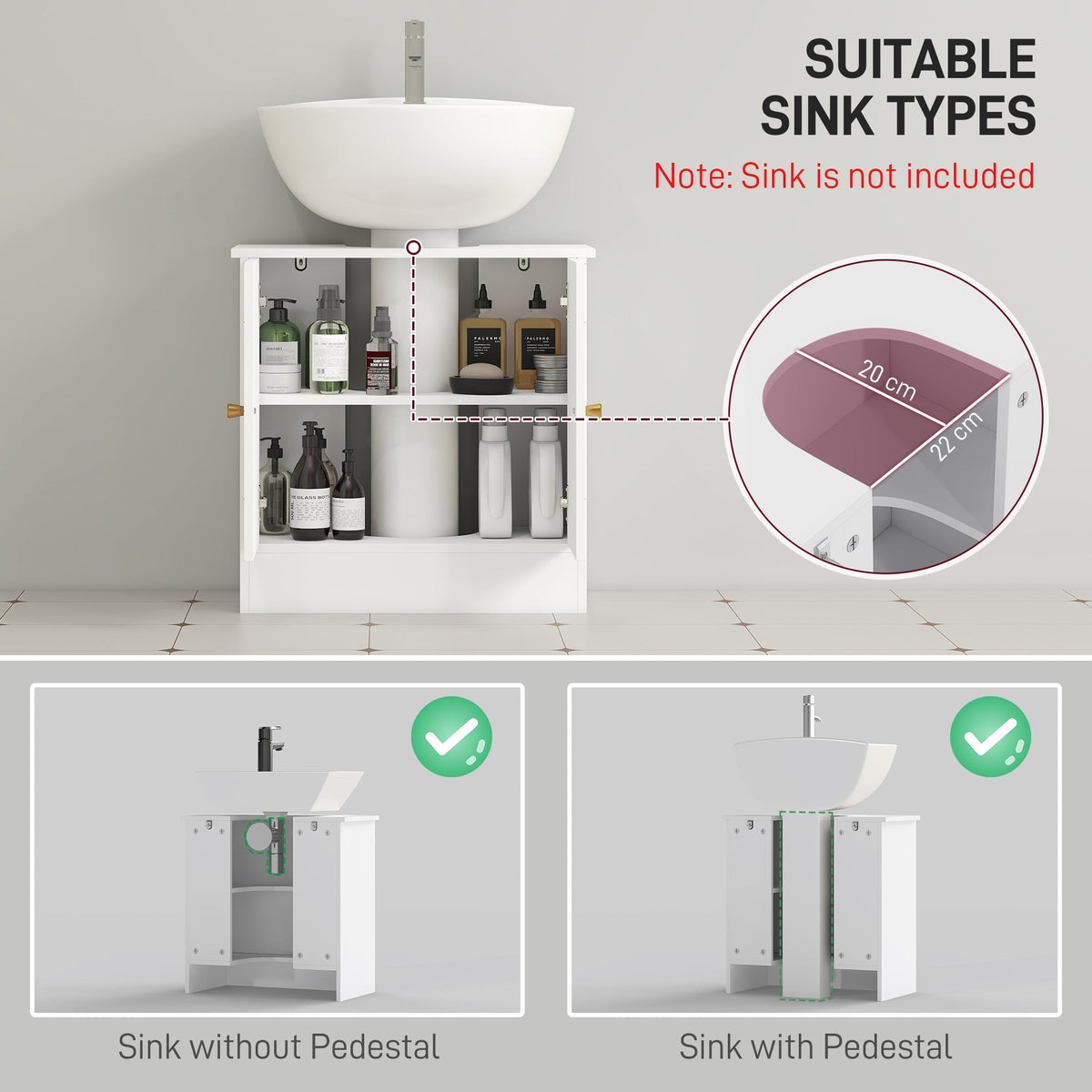 The bathroom cabinet showing how it fits around different types of sink pedestals