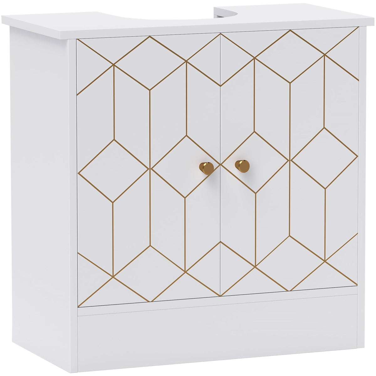 HOMCOM Under Sink Bathroom Cabinet with white finish and gold geometric pattern on the doors