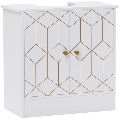 HOMCOM Under Sink Bathroom Cabinet with white finish and gold geometric pattern on the doors