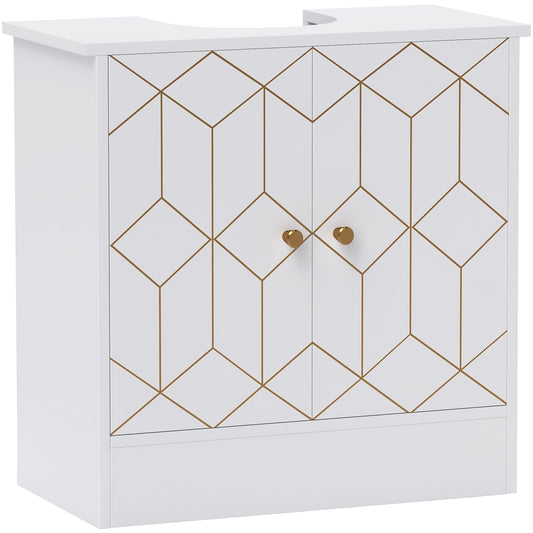 HOMCOM Under Sink Bathroom Cabinet with white finish and gold geometric pattern on the doors