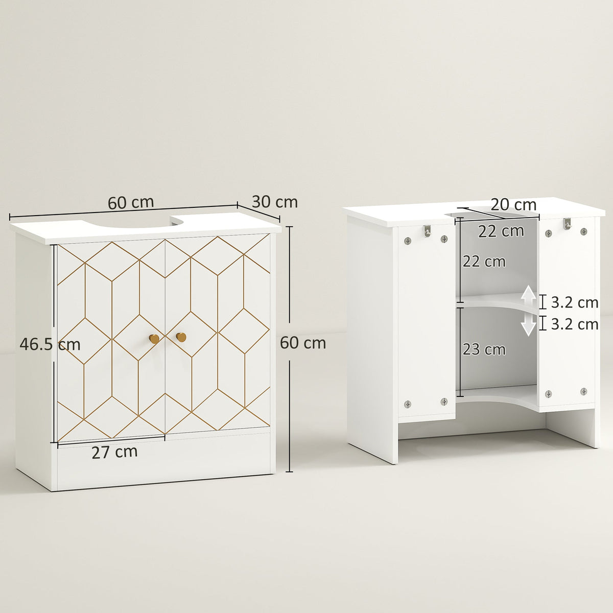 The bathroom cabinet shown from front and back with various dimensions marked