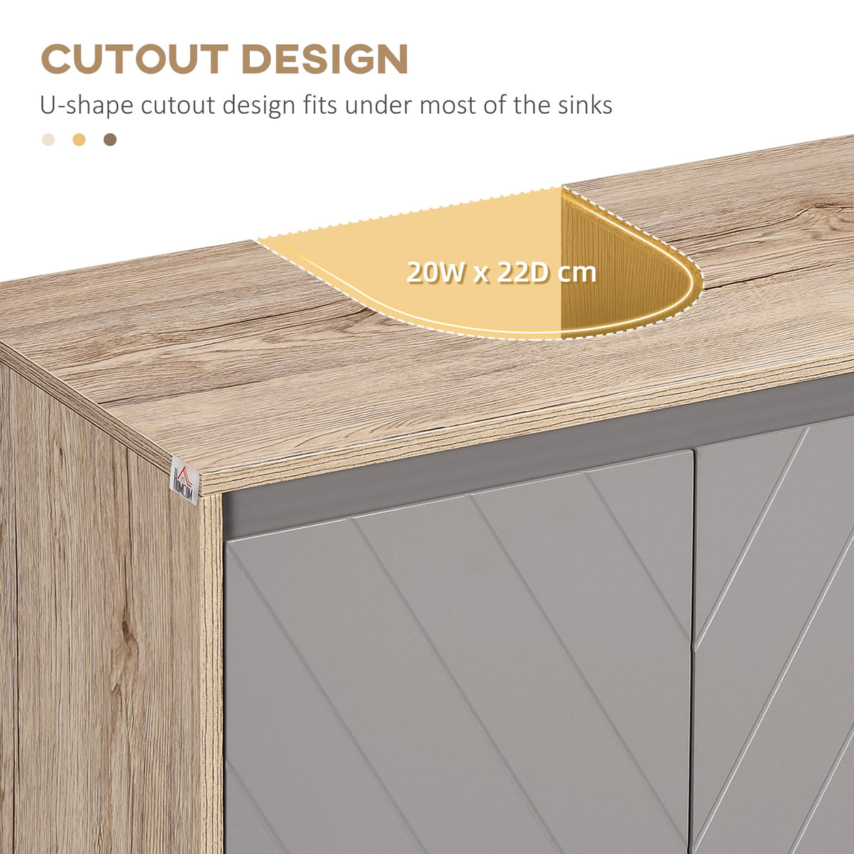 The wooden top surface of the bathroom cabinet featuring a U-shaped cutout for sink plumbing