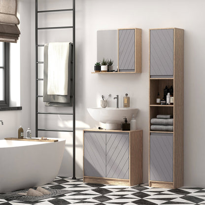 The bathroom cabinet placed under a sink in a modern room setting with matching furniture