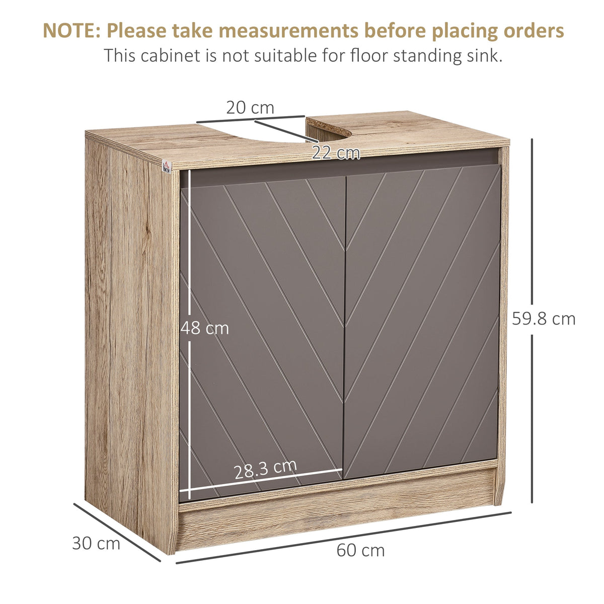 The bathroom cabinet shown with technical lines and measurements for size reference