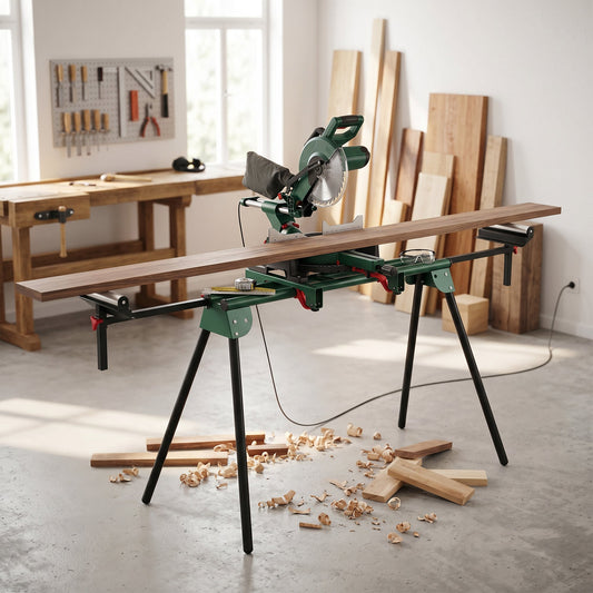 The trestle and work bench in use with a mitre saw cutting wood in a workshop