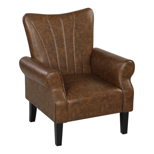 HOMCOM Upholstered Accent Chair in brown faux leather with rolled arms and dark wood legs