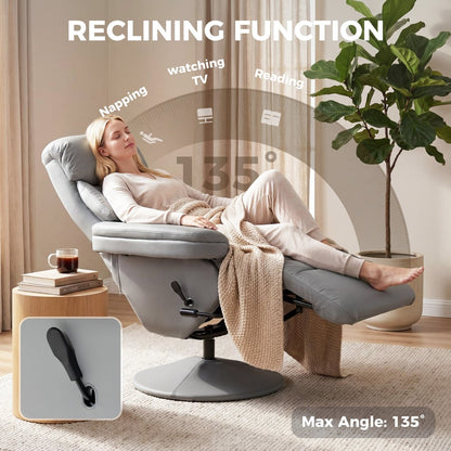 Woman relaxing in the grey armchair, showing the reclining function and maximum angle