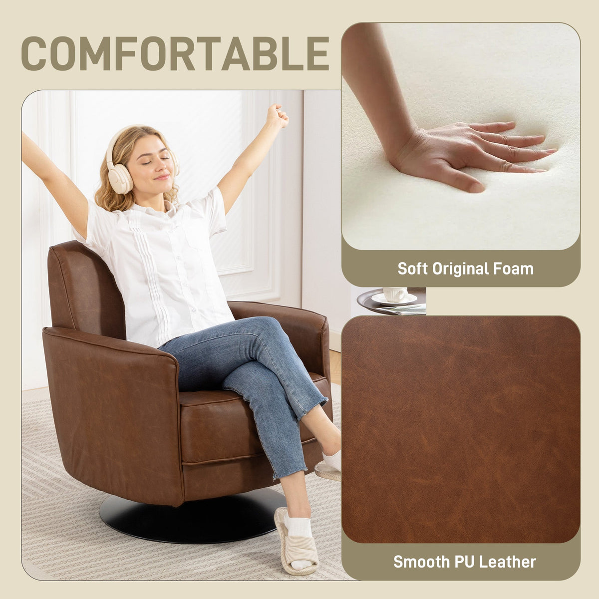 The accent chair in use by a woman with close-ups of the foam padding and leather texture