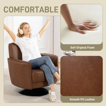 The accent chair in use by a woman with close-ups of the foam padding and leather texture