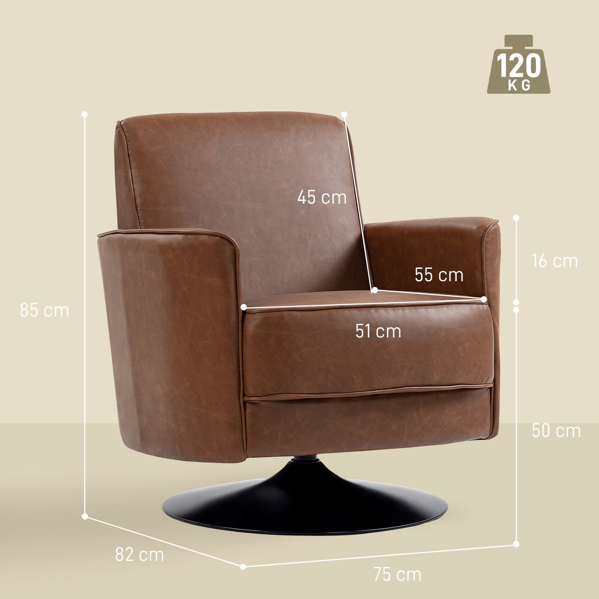 The accent chair showing various dimensions and the maximum weight capacity