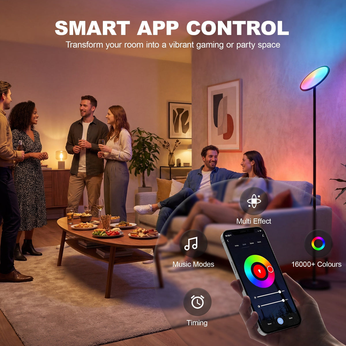 The floor lamp in a party setting with a hand holding a smartphone showing the app control interface