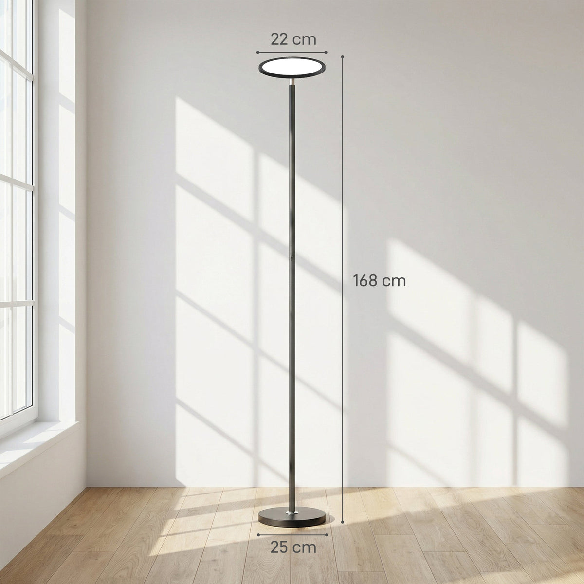 The floor lamp standing in a bright room with lines indicating its height and width dimensions