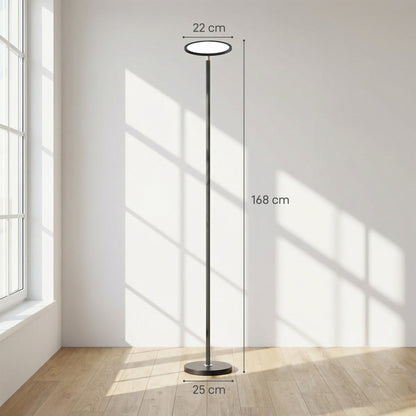 The floor lamp standing in a bright room with lines indicating its height and width dimensions