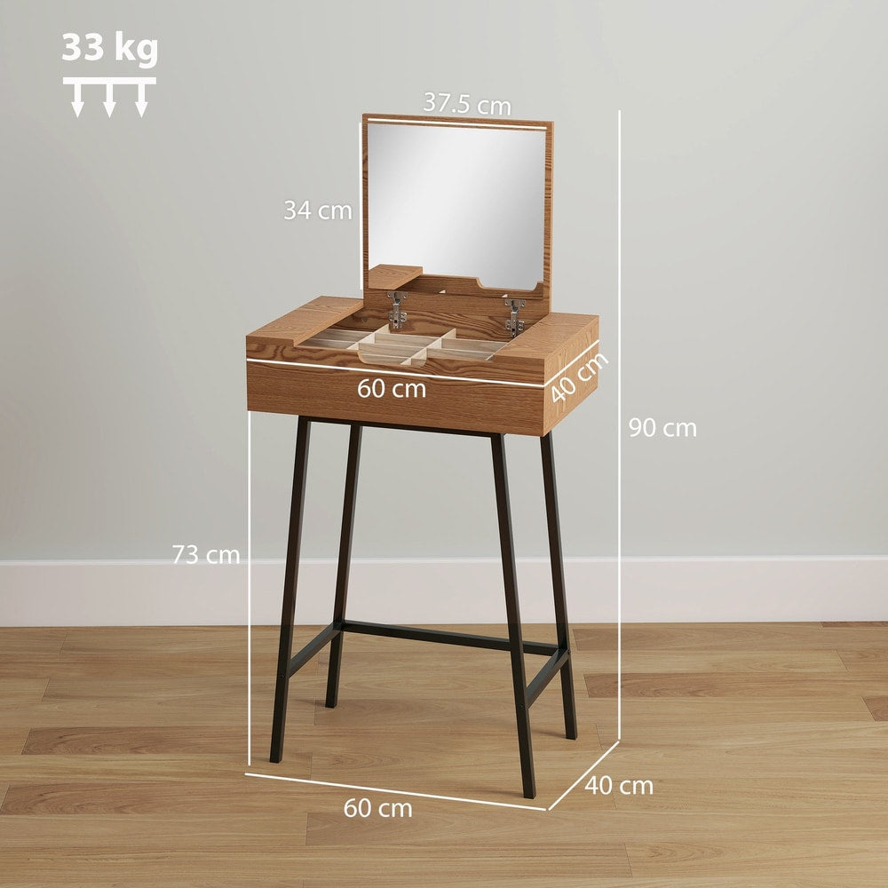 The dressing table with white lines and text indicating the overall product dimensions