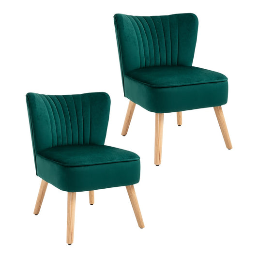 HOMCOM Velvet Accent Chair set of two in green with curved backs and light wood legs