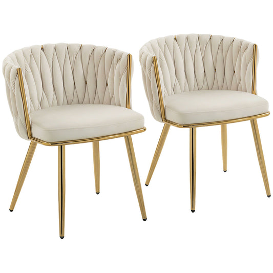 HOMCOM Velvet-Feel Dining Chairs Set of 2, cream upholstered armchairs with gold legs