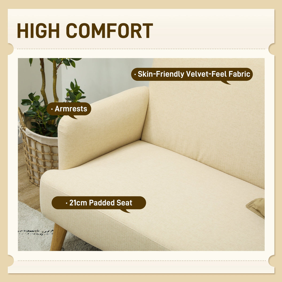 Close up of the cream white two seater sofa showing the fabric and armrests