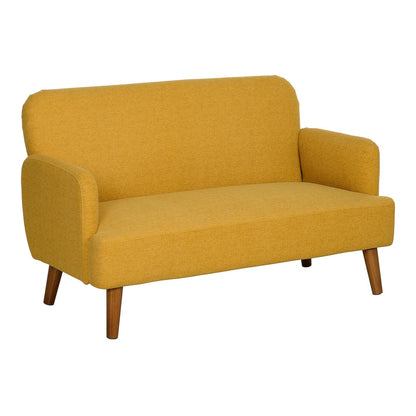 HOMCOM Velvet Feel Fabric 2 Seater Sofa in yellow with wooden legs on a white background