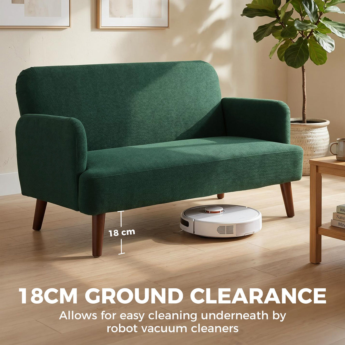 The two seater sofa showing the space underneath for a robot vacuum to clean