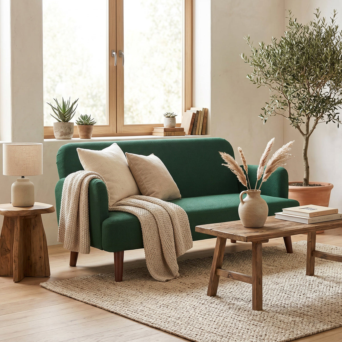 The two seater sofa styled in a bright living room with cushions and a throw blanket