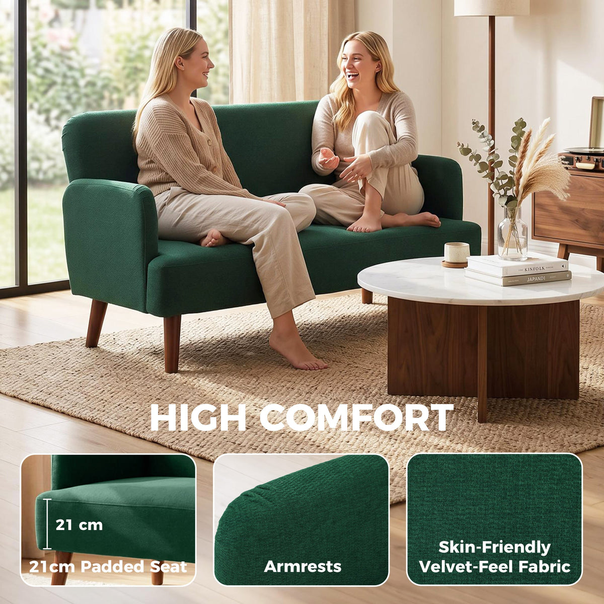 The two seater sofa with two people sitting on it and close-up details of the fabric