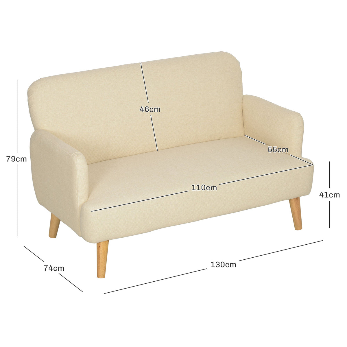 Cream white two seater sofa with dimensions marked
