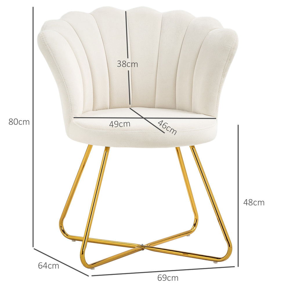 Cream lotus petal armchair with gold legs, showing dimensions