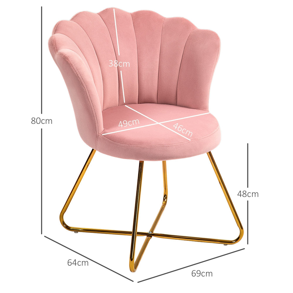 Pink velvet lotus petal accent chair with dimensions shown