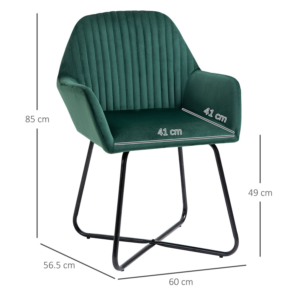 Green velvet-feel accent chair with black metal legs shown with dimensions