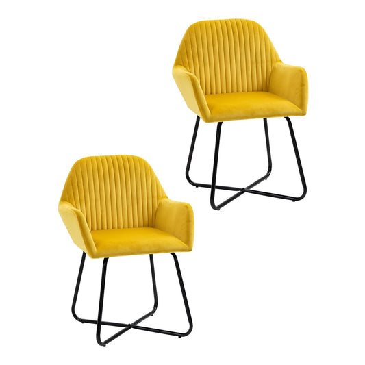 HOMCOM Velvet-Feel Plisse Back Accent Chair in yellow with black metal legs