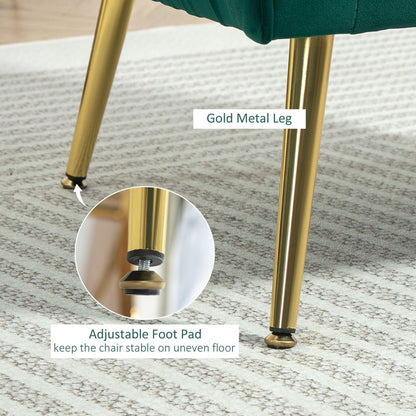 Close up of the gold metal legs of the green velvet accent chair with adjustable feet