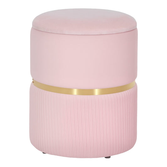 HOMCOM Velvet-Feel Storage Ottoman in pink with a gold band and fluted base