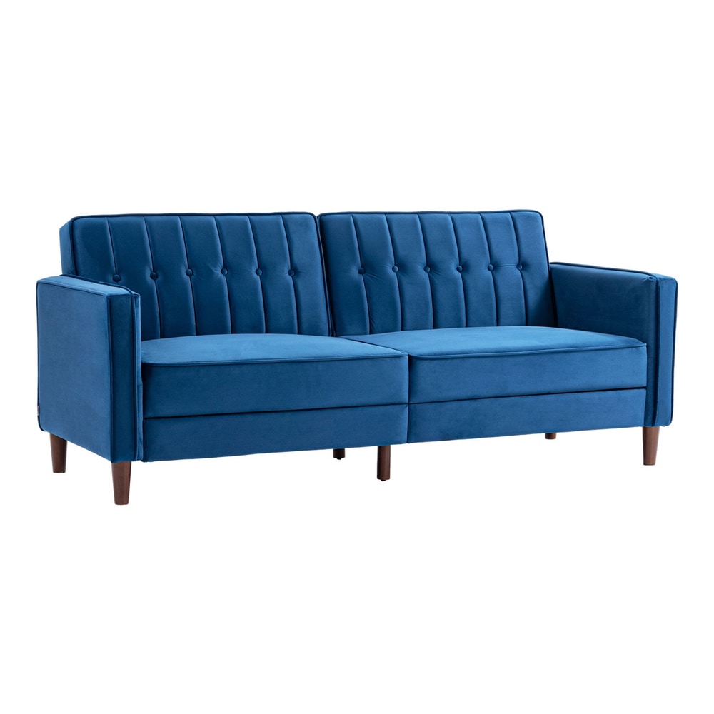 HOMCOM Velvet-Feel Three-Seater Sofa Bed in blue, a modern sofa with tufted back cushions and wooden legs