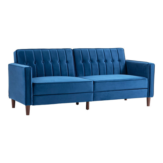 HOMCOM Velvet-Feel Three-Seater Sofa Bed in blue, a modern sofa with tufted back cushions and wooden legs