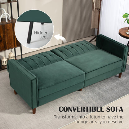 Green velvet-feel three-seater sofa bed with hidden legs extended