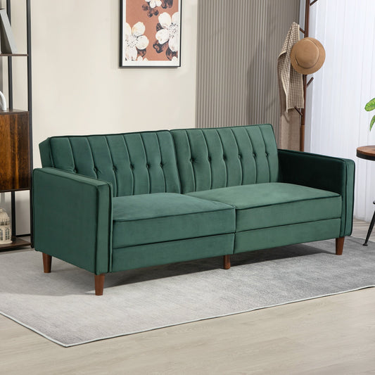 Green velvet-feel three-seater sofa bed in a living room setting