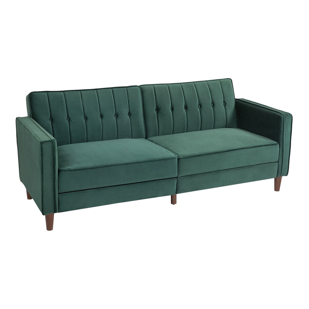 HOMCOM Velvet-Feel Three-Seater Sofa Bed in green, a tufted sofa with wooden legs