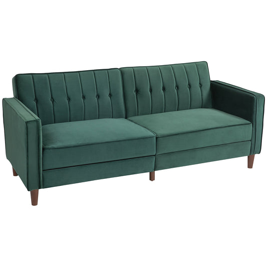 HOMCOM Velvet-Feel Three-Seater Sofa Bed in green, a tufted sofa with wooden legs