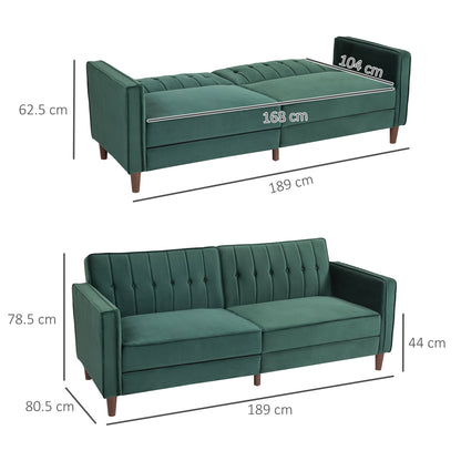 Dimensions diagram for the green velvet-feel three-seater sofa bed
