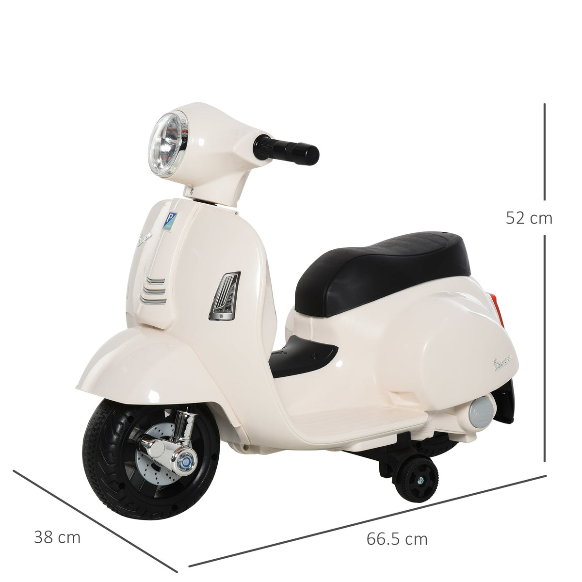 The white kids electric motorbike with dimensions indicated
