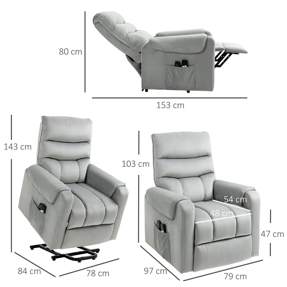 Dimensions diagram for the grey electric power lift recliner chair
