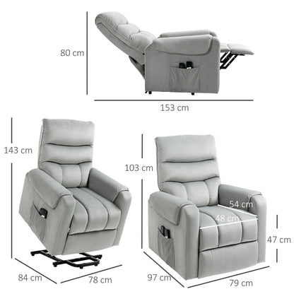 Dimensions diagram for the grey electric power lift recliner chair
