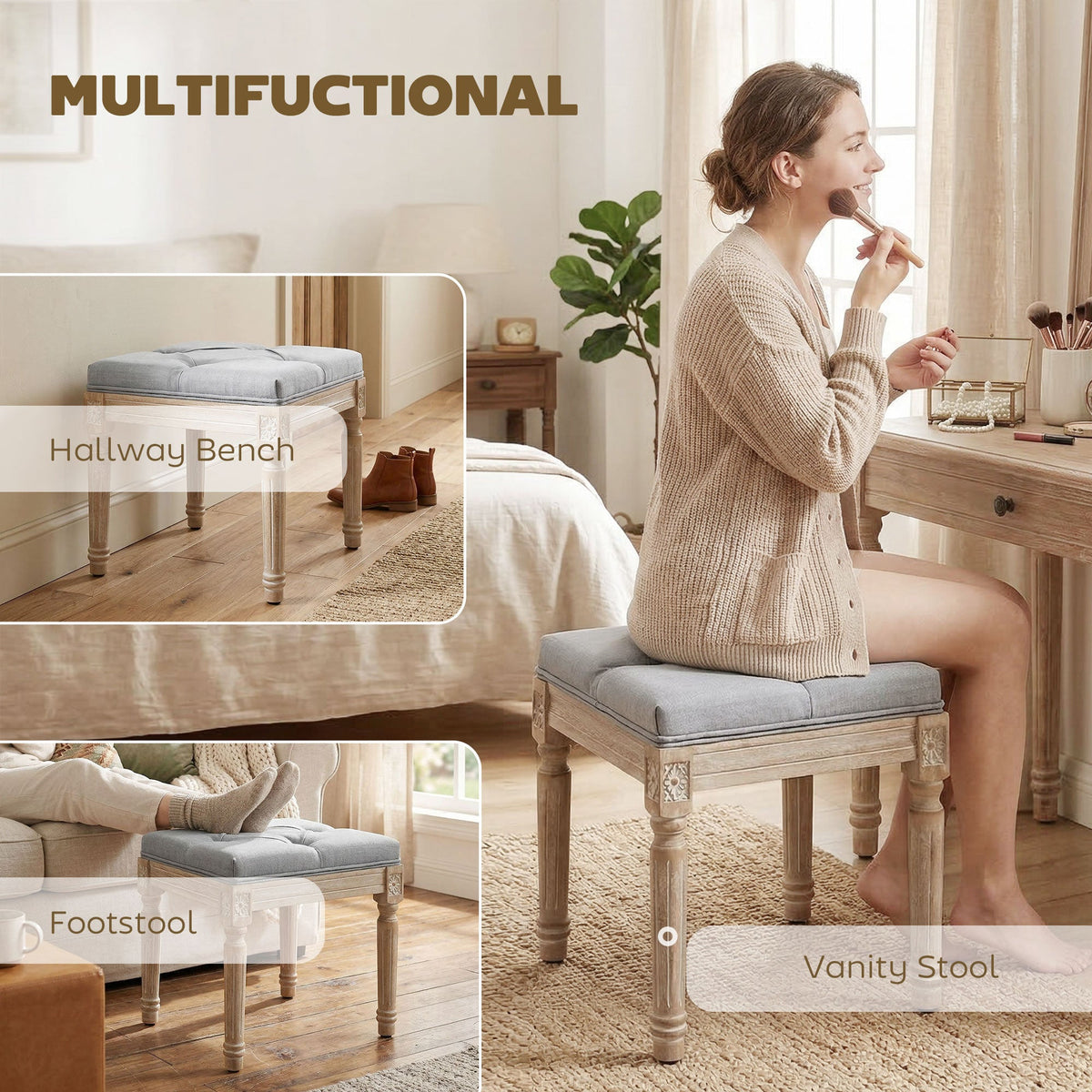 The multifunctional footstool can be used as a hallway bench, a footstool or a vanity stool