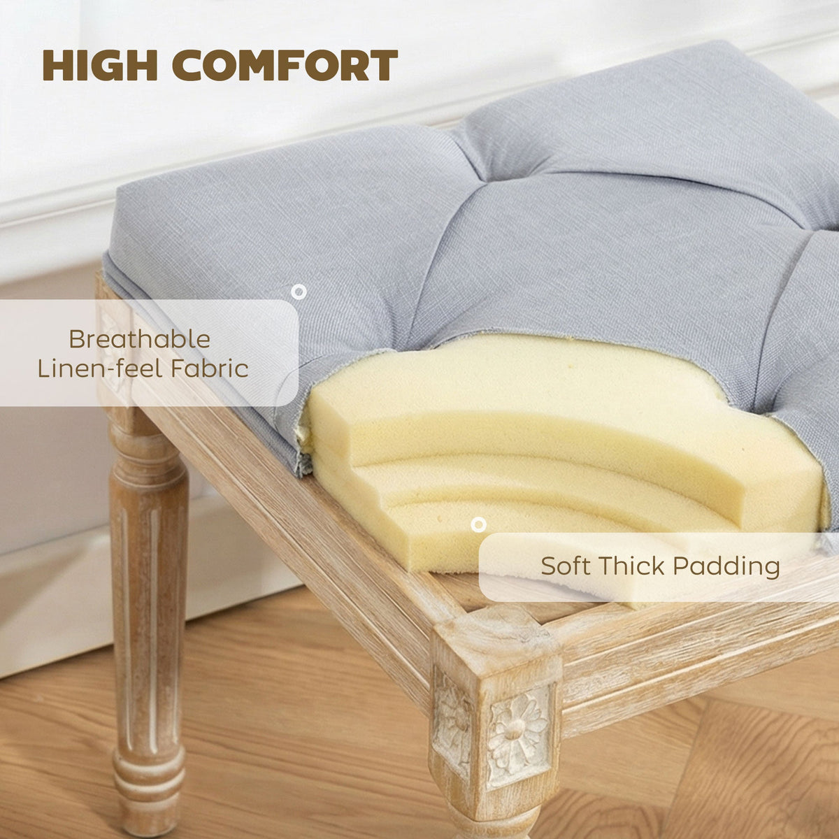 HOMCOM Vintage Foot Stool, the ottomans & footstools seat is made of soft padding and breathable linen-feel fabric