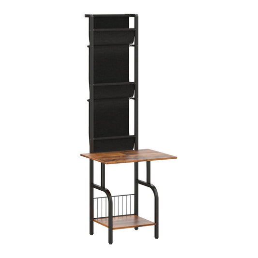 HOMCOM Vinyl Record Player Stand with Oxford fabric pockets and bottom shelf in rustic brown and black