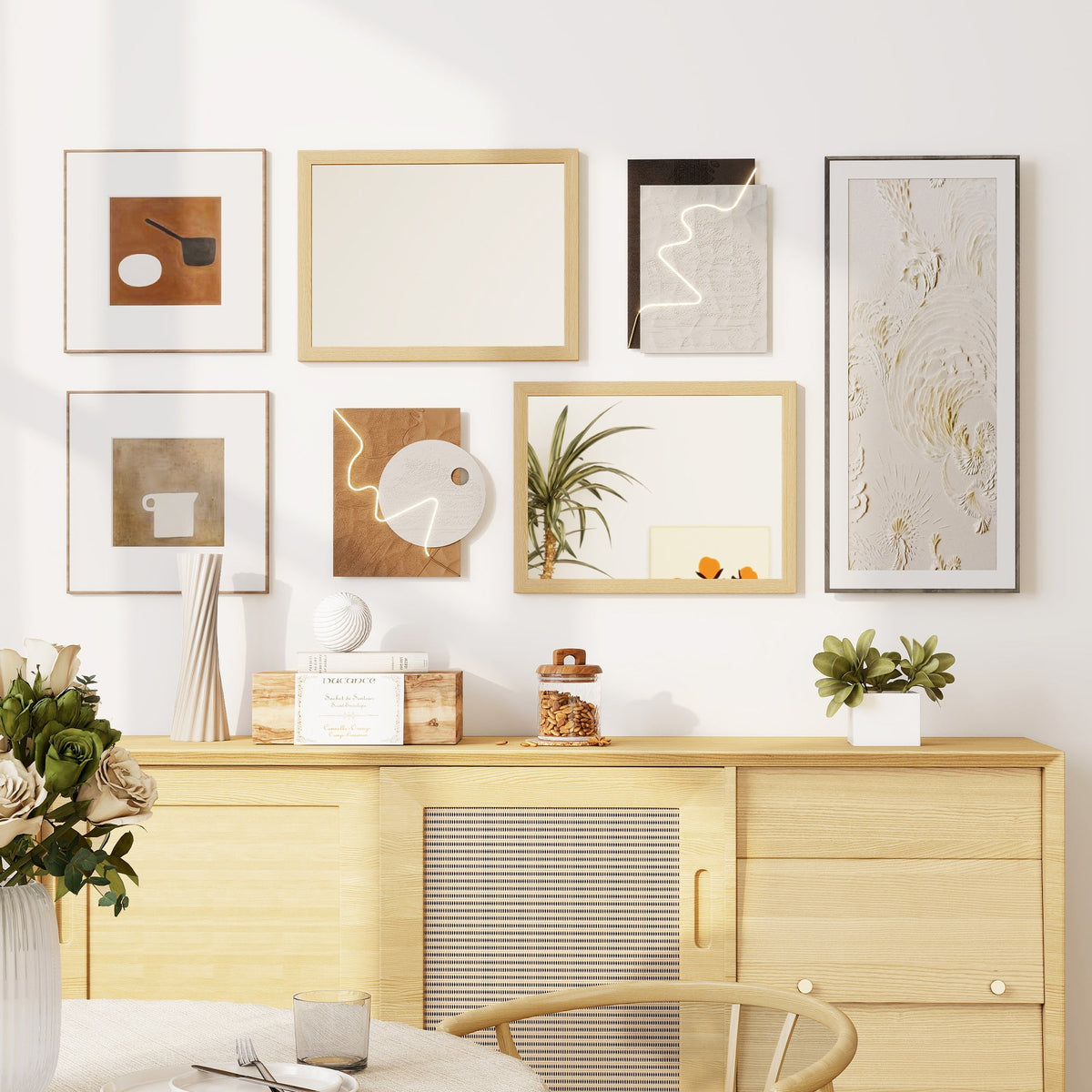 The wall mirror displayed as part of a gallery wall arrangement above a wooden sideboard