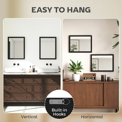 Two black framed wall mirrors shown hanging vertically and horizontally